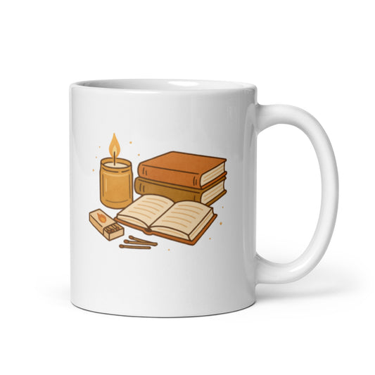 Candle, Matches and Books Mug – Warm Cozy Bookshelf Design – Cottagecore Evening Vibes Coffee Cup – Book Lover Gift Idea – Duvencioglu