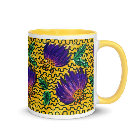 Bold Purple Flower Mug – Hand-Drawn Retro Floral Pattern on Yellow Background – Duvencioglu