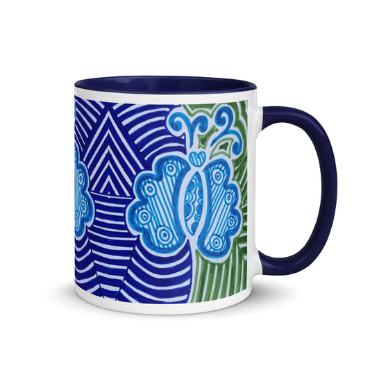 Blue Butterfly Mug – Hand Drawn Graphic Butterfly with Green and Navy Stripes, Whimsical Coffee Cup – Duvencioglu