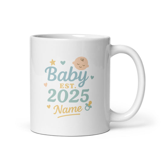 Baby Est. 2025 Mug – Newborn Announcement Gift – Personalized Baby Reveal Coffee Cup – Cute Family Keepsake – Duvencioglu
