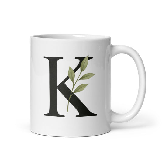 K Initial Mug with Botanical Leaf – Watercolor Letter K Cup – Minimal Nature Gift – Personalized Green Monogram Coffee Mug – Duvencioglu