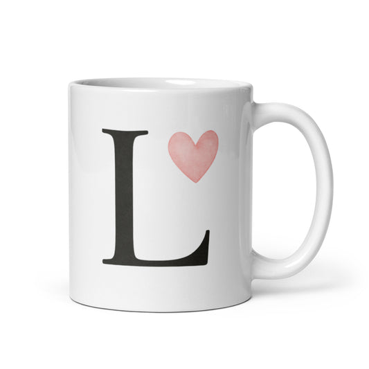 L Initial Mug with Pink Heart – Watercolor Letter L Cup – Sweet Personalized Gift – Custom Love Monogram Coffee Mug for Her – Duvencioglu