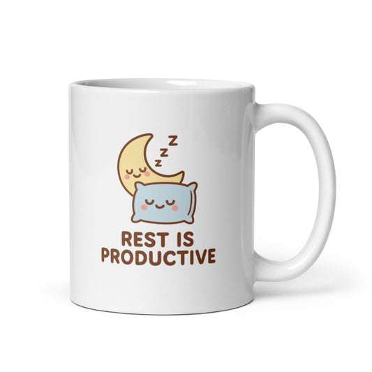 Rest Is Productive Mug – Kawaii Moon & Pillow Design, Cute Mental Health Reminder, Cozy Sleepy Gift – Duvencioglu