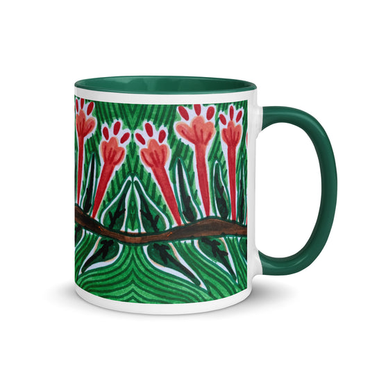 Torch Blossom Mug – Bold Red Wildflower Design with Lush Green Pattern – Duvencioglu