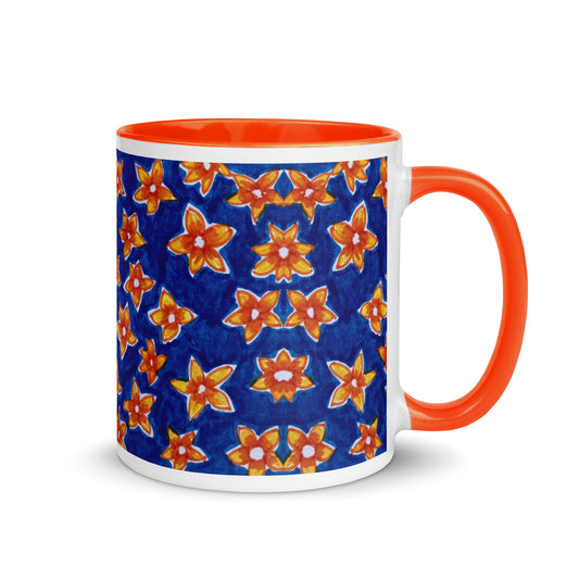 Bold Floral Mug – Hand Drawn Orange Yellow Flowers on Blue, Retro Summer Coffee Cup – Duvencioglu
