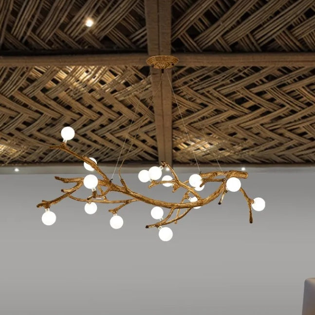 Zen Wabi-Sabi Resin Tree-Branch LED Chandelier – 10-Head Warm Light Pendant – Duvencioglu
