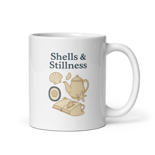 Shells & Stillness Mug – Minimal Coastal Calm Cup, Quiet Morning Sea Gift – Duvencioglu
