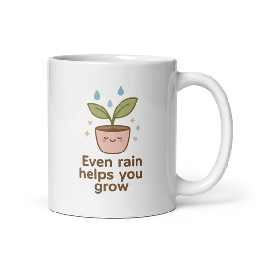 Even Rain Helps You Grow Mug – Kawaii Plant Illustration, Positive Healing Gift, Cute Pastel Self Care Cup – Duvencioglu