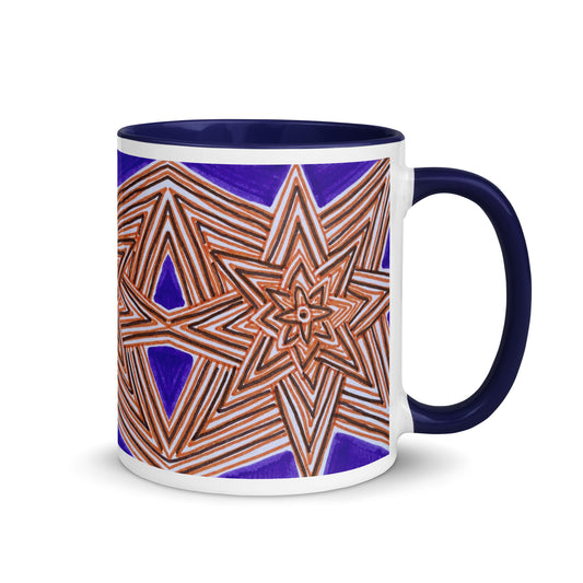 Geometric Star Mug – Hand Drawn Layered Mandala in Orange and Purple, Abstract Energy Coffee Cup – Duvencioglu