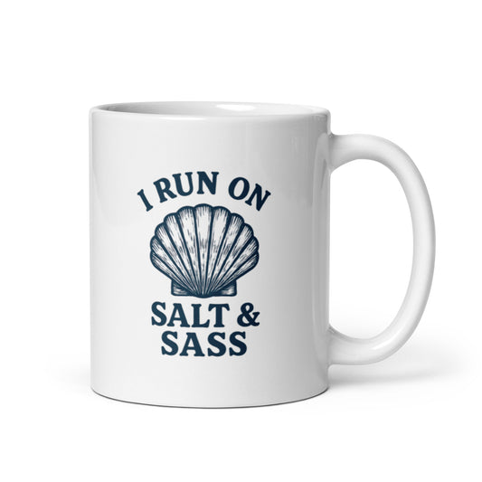 I Run on Salt & Sass Mug – Bold Coastal Shell Cup, Sassy Sea Life Gift – Duvencioglu