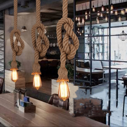 Vintage Hemp-Rope LED Chandelier – Single or Double-Head Industrial Pendant – Duvencioglu