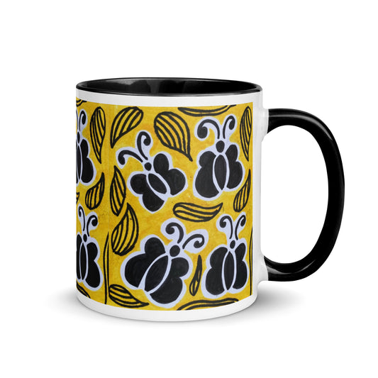 Bold Butterfly Mug – Black & White Insect on Yellow, Hand Drawn Nature Coffee Cup, Graphic Design Gift – Duvencioglu