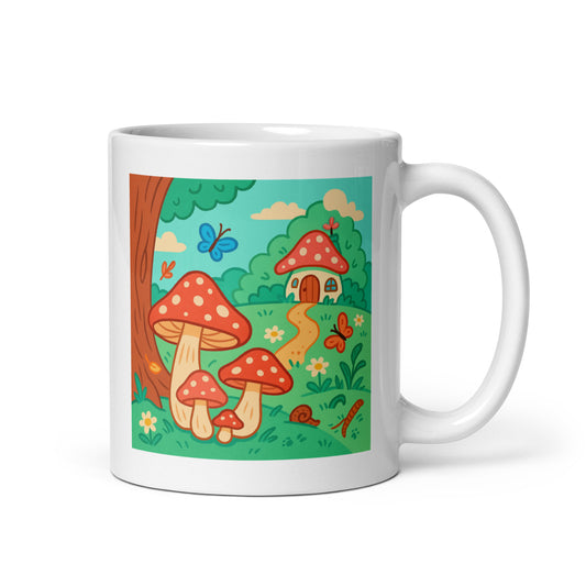 Mushroom Family & Bunny Home Mug – Whimsical Cottagecore Forest Scene – Bright Nature Storybook Cup – Cozy Woodland Gift – Duvencioglu