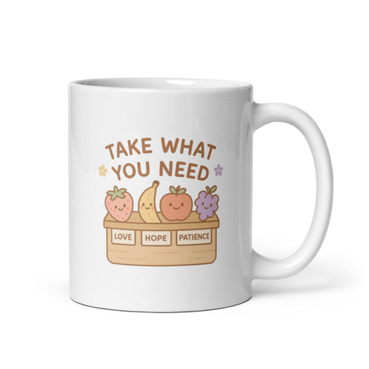 Take What You Need Mug – Kawaii Fruit Stand Illustration, Positive Self Care Cup, Cute Pastel Affirmation Gift – Duvencioglu
