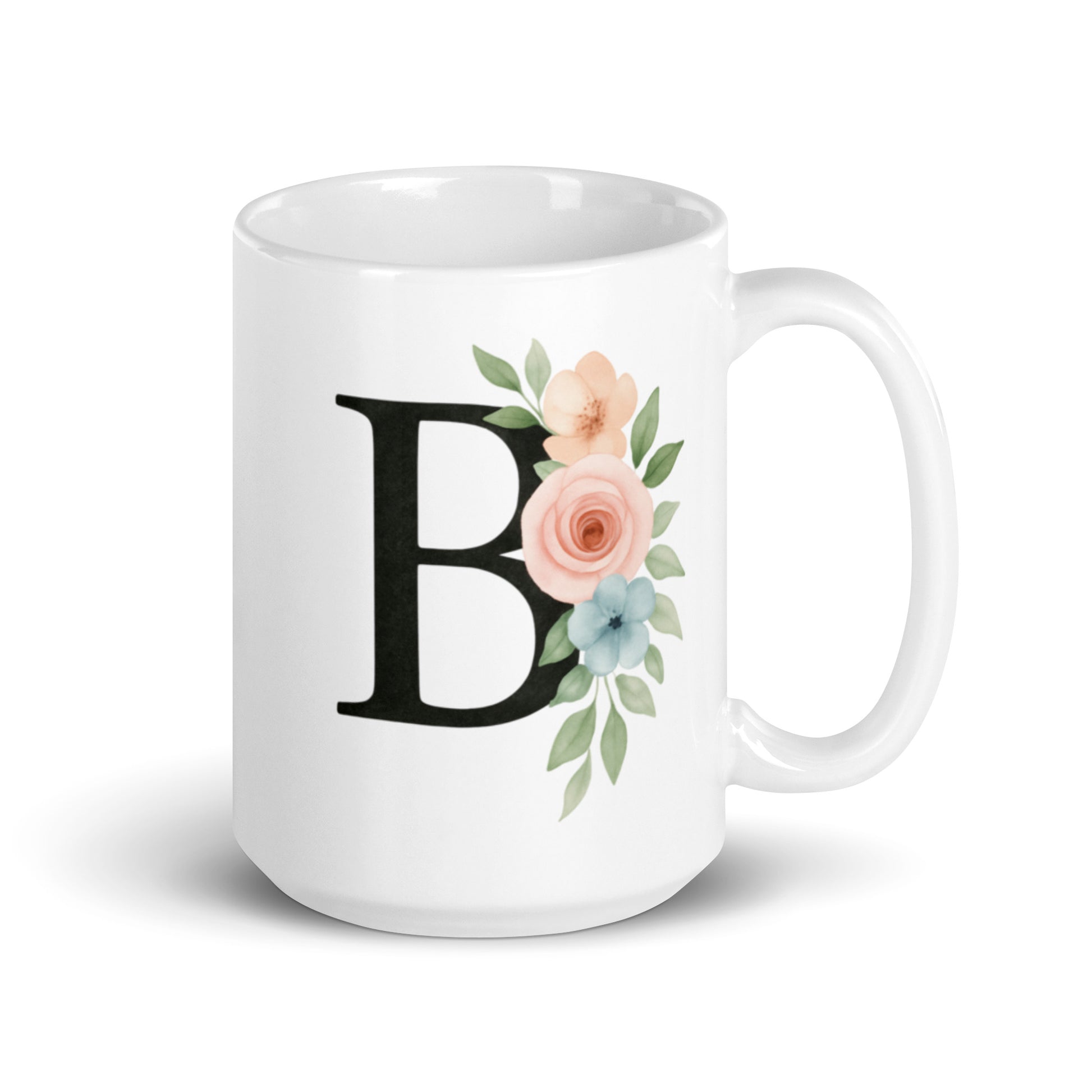 B Initial Mug with Floral Design – Personalized Letter B Cup – Watercolor Monogram Gift for Her – Custom Name Coffee Mug – Duvencioglu