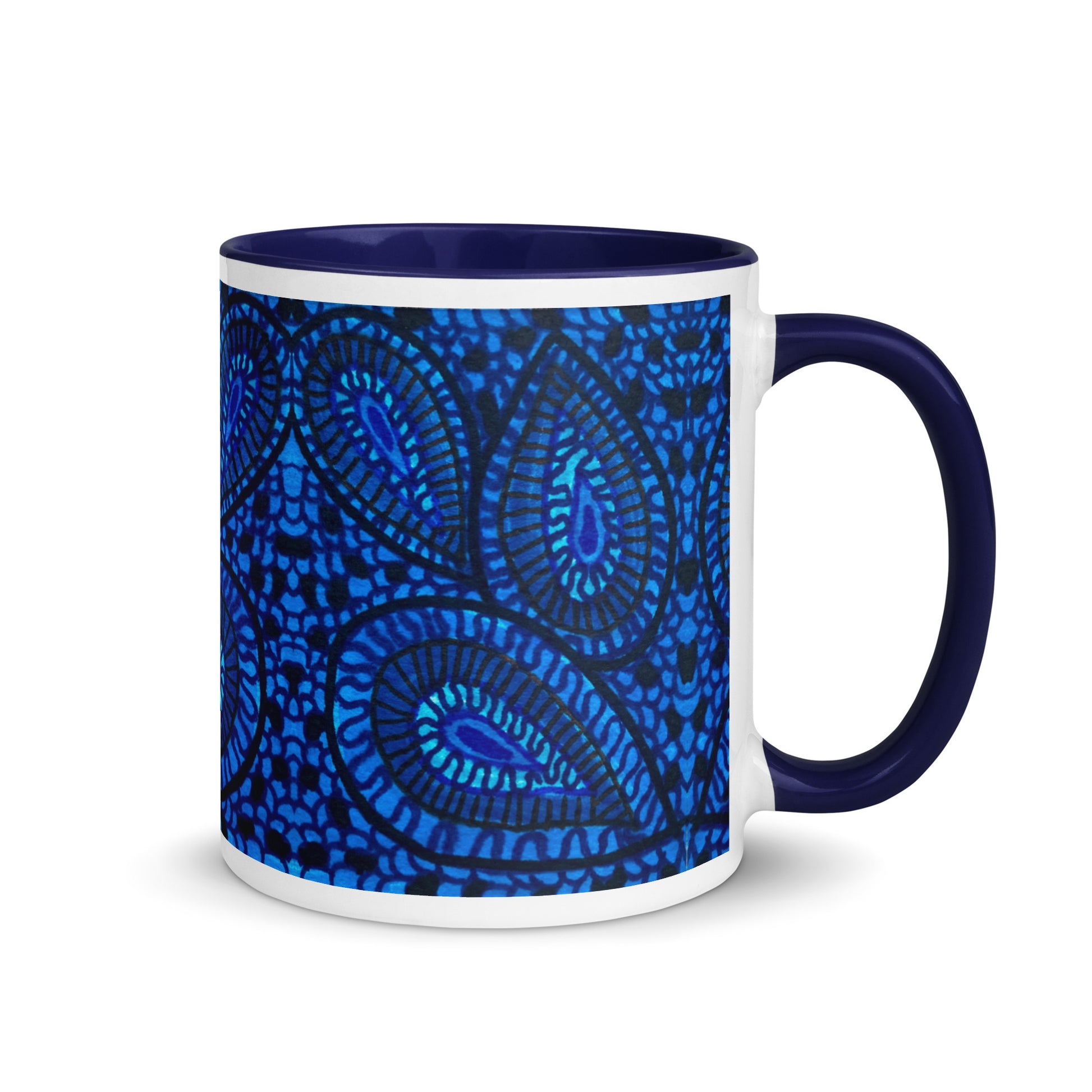 Blue Paisley Mug – Bold Hand Drawn Boho Pattern, Artistic Coffee Cup with Bohemian Vibes – Duvencioglu