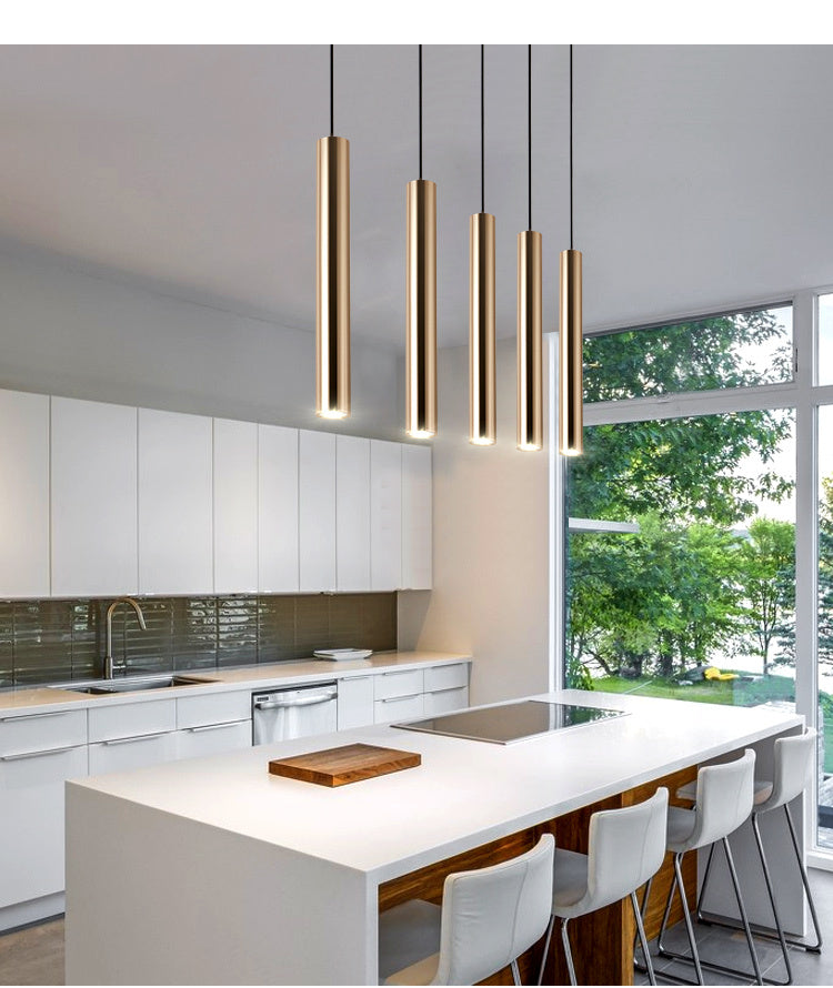 French Gold Cylindrical LED Chandelier – Single-Head Pendant – Duvencioglu