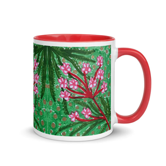 Tropical Floral Mug – Hand Drawn Pink Blossoms with Gold Dots on Green, Botanical Coffee Cup – Duvencioglu