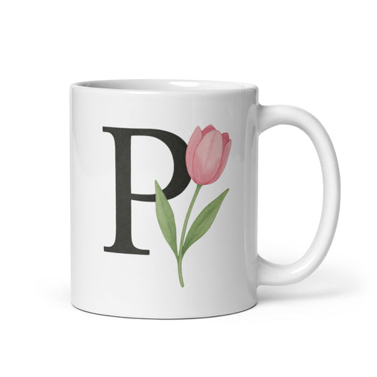 P Initial Mug with Tulip – Watercolor Letter P Coffee Cup – Elegant Floral Gift – Personalized Name Monogram Mug for Her – Duvencioglu