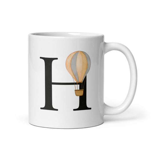 H Initial Mug with Hot Air Balloon – Watercolor Letter H Cup – Uplifting Gift Idea – Personalized Name Mug for Her or Him – Duvencioglu