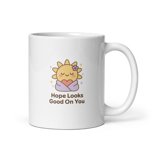 Hope Looks Good On You Mug – Kawaii Sun Holding Heart, Positive Self Love Gift, Cute Pastel Affirmation Cup – Duvencioglu