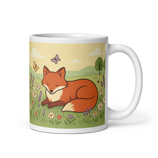 Fox in the Flower Meadow Mug – Whimsical Woodland Animal Design – Cottagecore Floral Field Scene – Cozy Nature Lover Gift – Duvencioglu