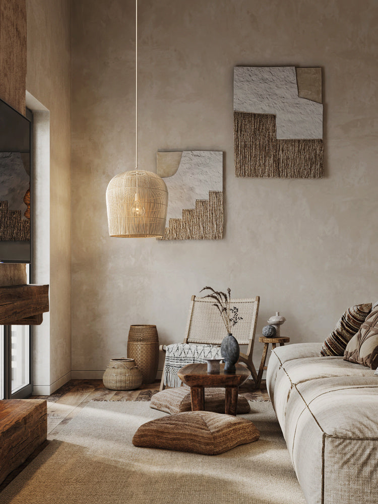 Wabi-Sabi Handwoven Rattan Bedside Chandelier – Natural LED Pendan – Duvencioglu