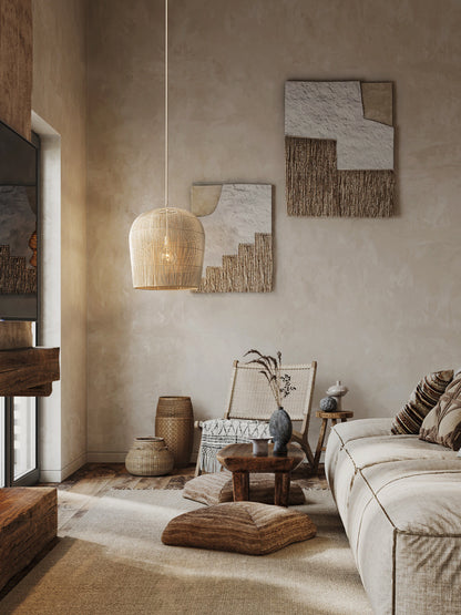 Wabi-Sabi Handwoven Rattan Bedside Chandelier – Natural LED Pendan – Duvencioglu