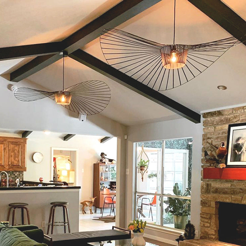 Straw Hat LED Chandelier – 60 cm Fabric Pendant Light – Duvencioglu