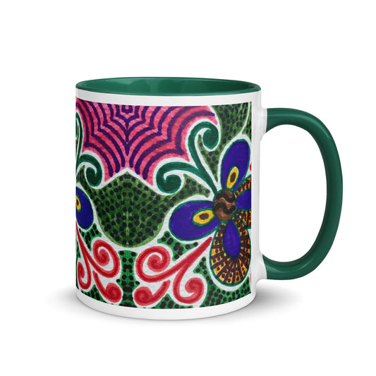 Bold Folk Art Flower Mug – Colorful Doodle Style Floral Pattern with Tribal Vibes – Duvencioglu