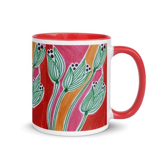 Modern Minimal Floral Mug – Green Line Art Buds on Warm Background, Elegant Nature-Inspired Coffee Cup – Duvencioglu