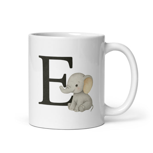 E Initial Mug with Elephant – Watercolor Letter E Coffee Cup – Gentle Animal Gift – Personalized Name Mug for Her or Him – Duvencioglu