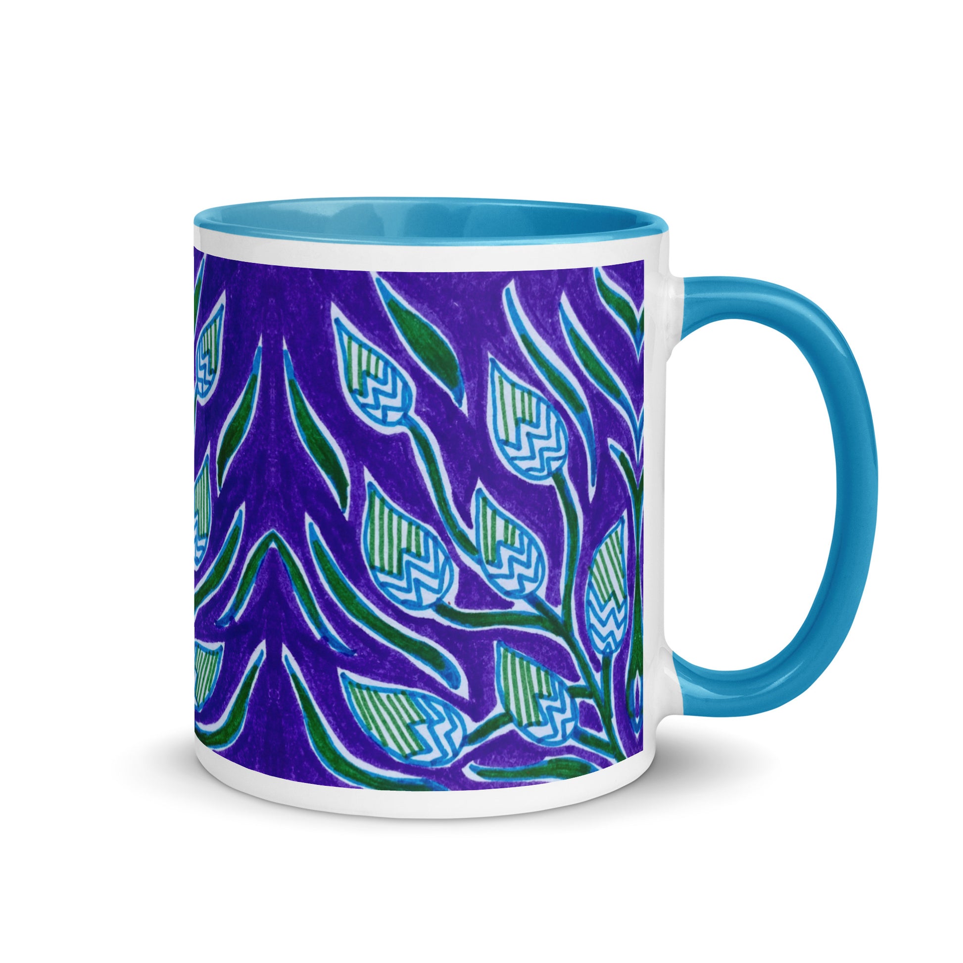 Purple Botanical Mug – Abstract Blue and Green Leaves with Geometric Pattern Coffee Cup – Duvencioglu