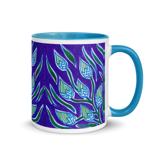 Purple Botanical Mug – Abstract Blue and Green Leaves with Geometric Pattern Coffee Cup – Duvencioglu