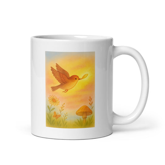 Carries the Morning Light Mug – Cottagecore Bird & Sunrise Design – Whimsical Nature Gift – Soft Pastel Aesthetic Coffee Cup – Duvencioglu