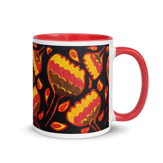 Folk Floral Mug – Hand Drawn Red Yellow Flower Design on Black, Bold Vintage Coffee Cup – Duvencioglu