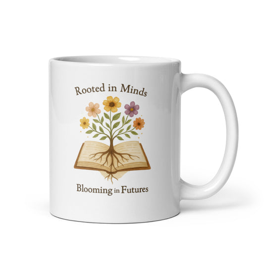 Rooted in Minds Mug – Teacher Appreciation Gift – Blooming Future Floral Book Design – Inspirational Educator Coffee Cup – Duvencioglu