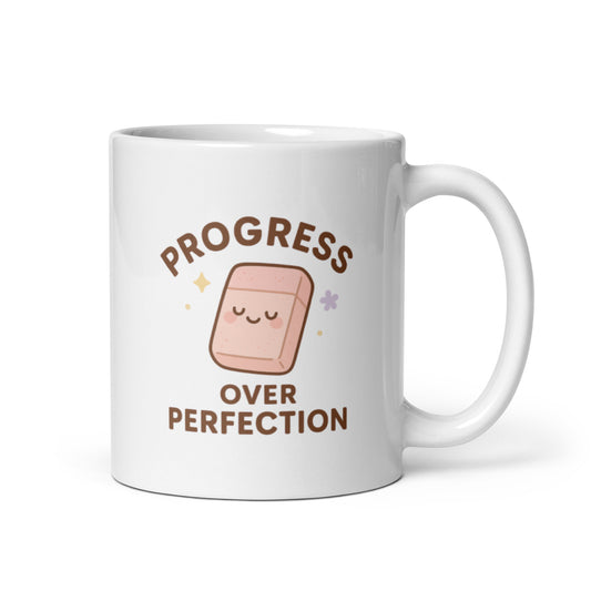 Progress Over Perfection Mug – Kawaii Eraser Design, Gentle Motivation Gift, Cute Pastel Affirmation Cup – Duvencioglu