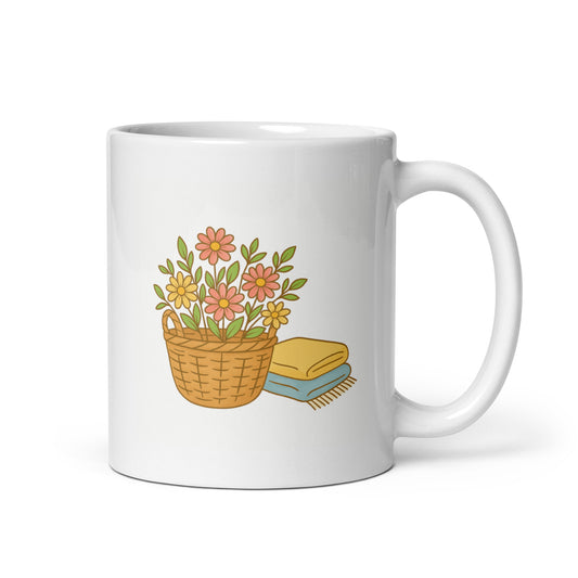 Basket of Fresh Flowers Mug – Cozy Cottage Morning Design – Pastel Soft Blanket Aesthetic – Cottagecore Coffee Cup – Serene Home Gift – Duvencioglu