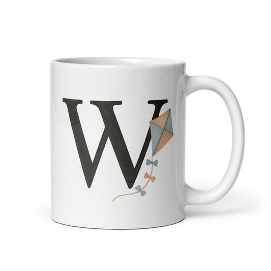 Whimsical Mug with W Initial – Watercolor Kite Monogram Cup – Personalized Uplifting Gift – Custom Name Coffee Mug – Duvencioglu