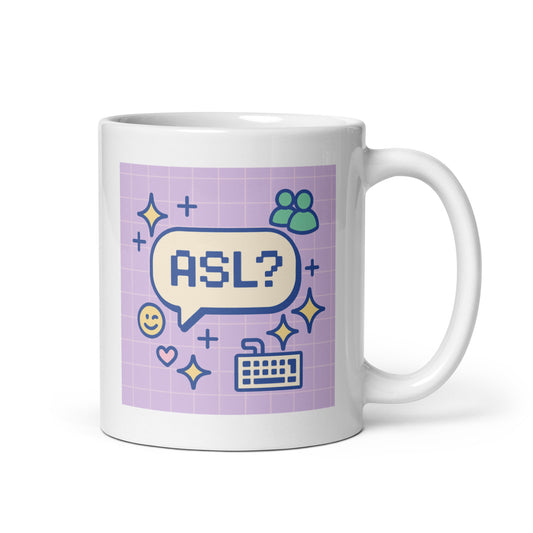 ASL? Mug – Y2K Messenger Chat Design – Pixel Retro Internet Aesthetic – Cute Early 2000s Coffee Cup – Duvencioglu
