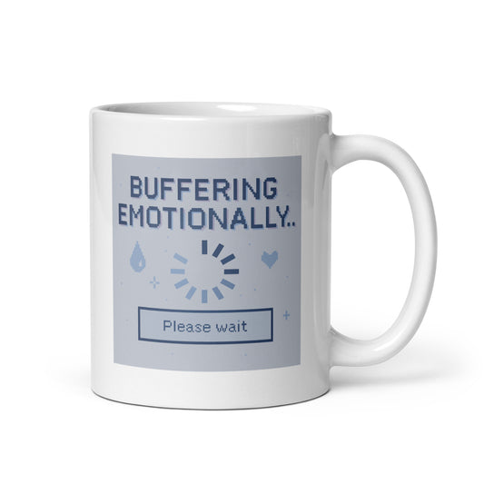 Buffering Emotionally Mug – Glitchy Pixel Loading Design – Pastel Digital Mood Cup – Funny Y2K Coffee Gift – Duvencioglu