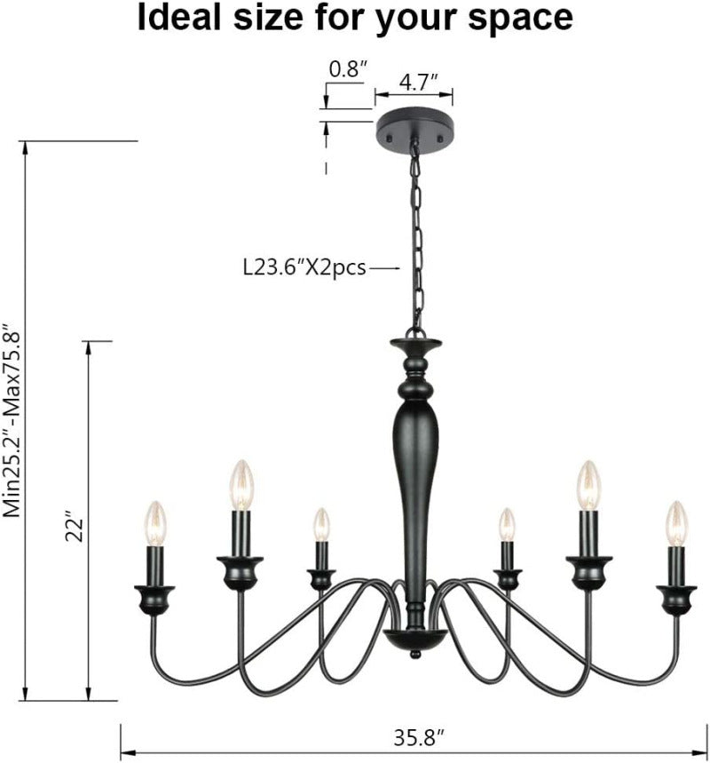American Black Iron Candle-Style Chandelier – 6/8-Arm LED Dining Light – Duvencioglu