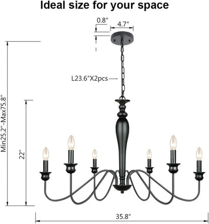 American Black Iron Candle-Style Chandelier – 6/8-Arm LED Dining Light – Duvencioglu