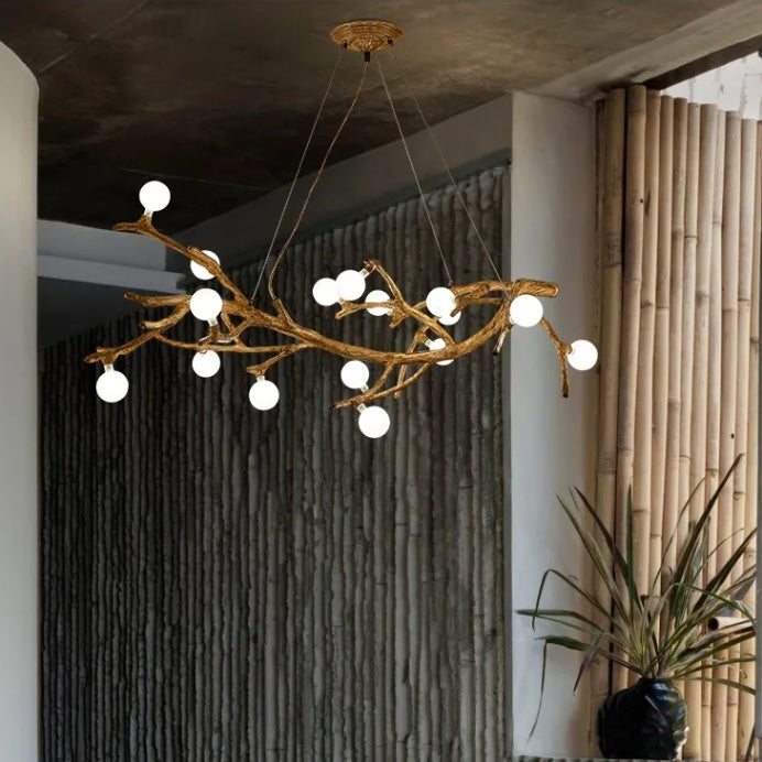 Zen Wabi-Sabi Resin Tree-Branch LED Chandelier – 10-Head Warm Light Pendant – Duvencioglu