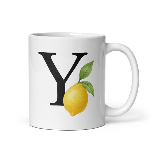 Fresh Lemon Mug with Y Initial – Watercolor Citrus Letter Cup – Personalized Bright Gift – Custom Name Coffee Mug – Duvencioglu