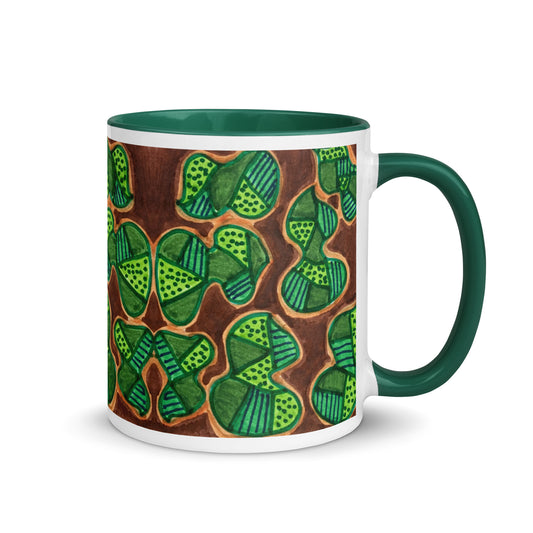Abstract Green Leaf Mug with Earthy Patchwork Pattern – Botanical Modern Art Cup – Duvencioglu