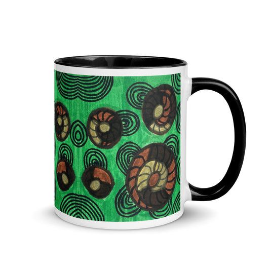 Earthy Spiral Shell Mug – Brown & Olive Green Abstract Nautical Design – Duvencioglu