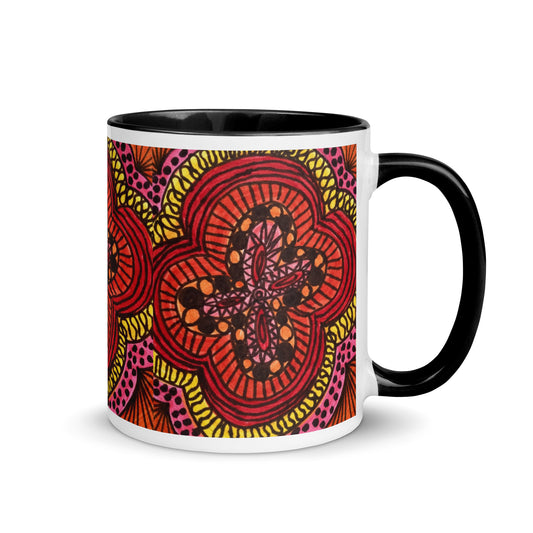 Bold Mandala-Inspired Mug – Red & Orange Boho Abstract Pattern, Vibrant Artistic Coffee Cup Gift – Duvencioglu