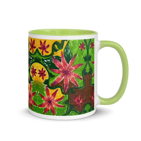 Botanical Star Flower Mug with Green Yellow Background – Earthy Nature-Inspired Coffee Cup – Duvencioglu